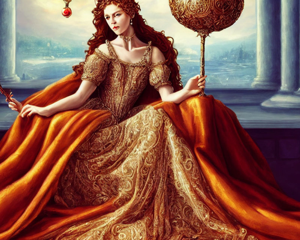 Regal woman in golden gown on throne with scepter in opulent setting