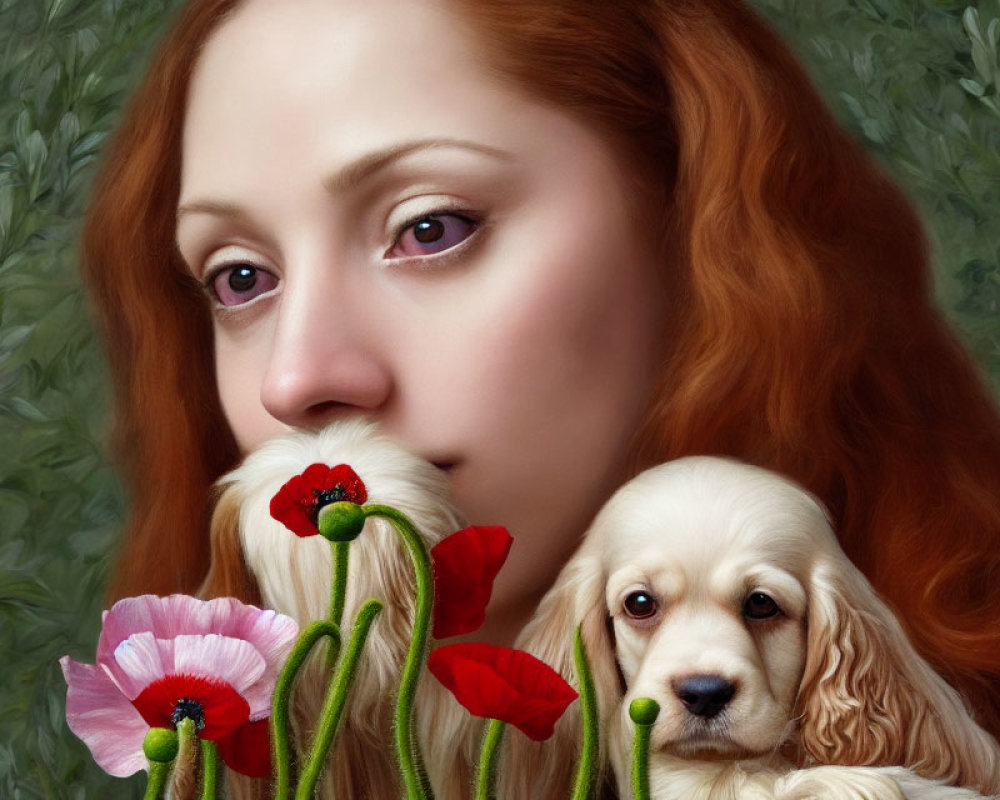 Red-Haired Woman with Dog Holding Poppies in Green Background