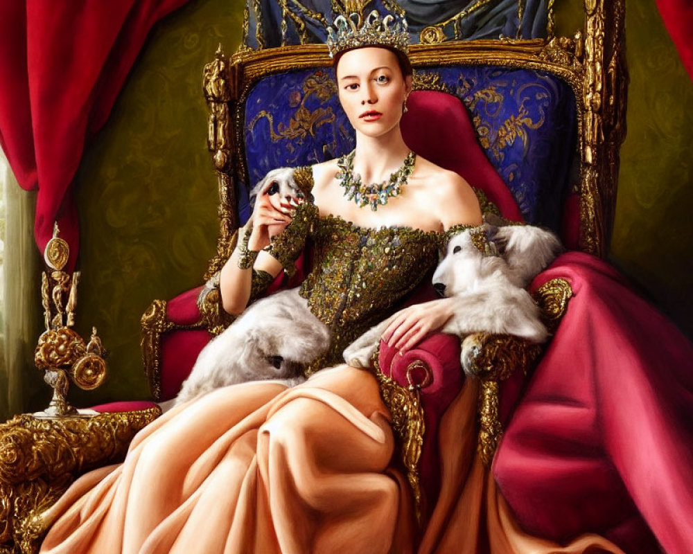 Regal woman in gold gown on throne with small dogs and red drapery