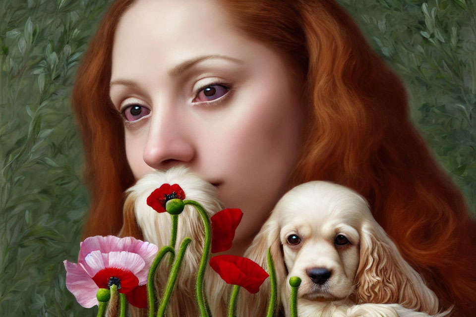 Red-Haired Woman with Dog Holding Poppies in Green Background