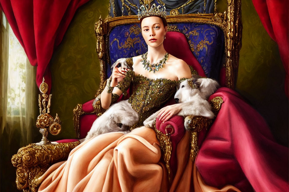 Regal woman in gold gown on throne with small dogs and red drapery