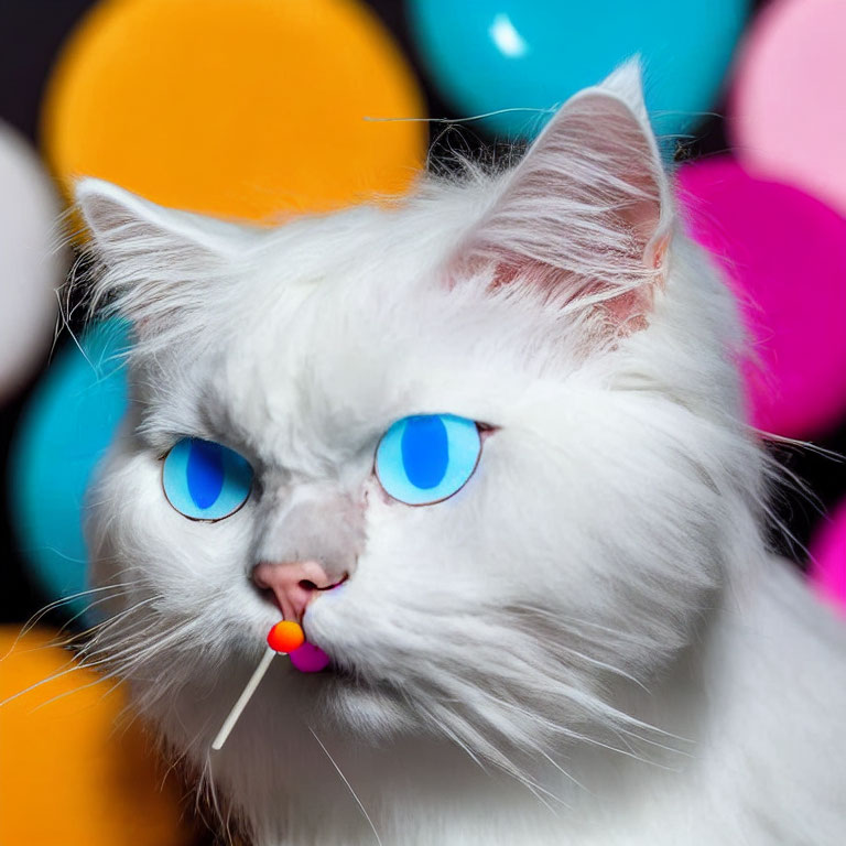 Fluffy white cat with blue eyes holding a lollipop stick among colorful balloons