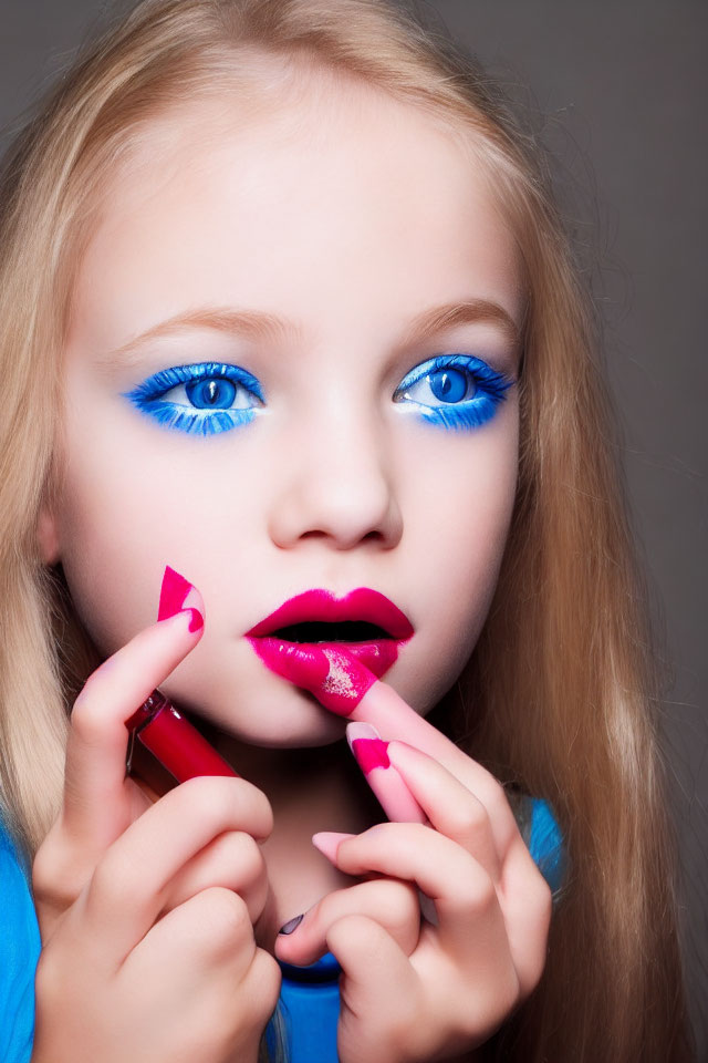 Vibrant pink lipstick and striking blue eye makeup on a young girl