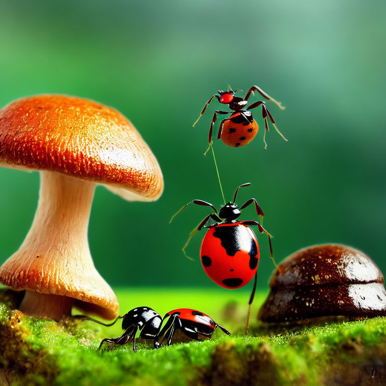 Ladybugs on moss with mushrooms in background, one standing on two legs.