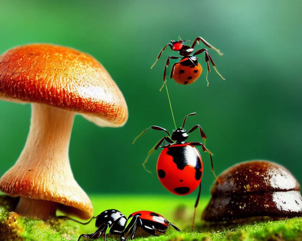 Ladybugs on moss with mushrooms in background, one standing on two legs.