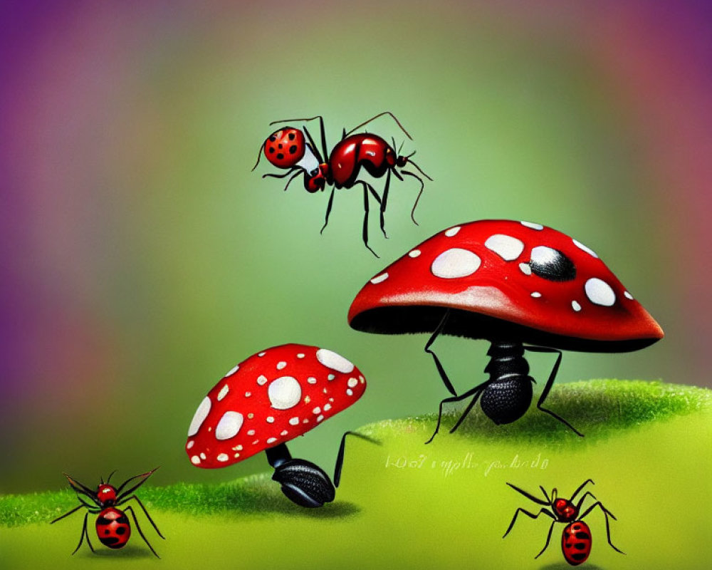 Stylized winged ants near red mushrooms on green surface