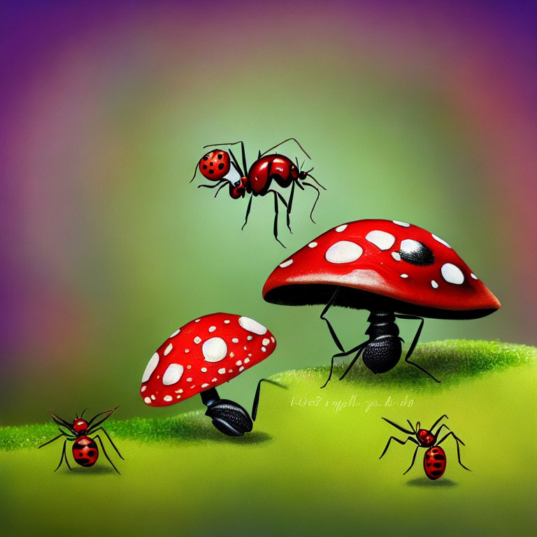 Stylized winged ants near red mushrooms on green surface