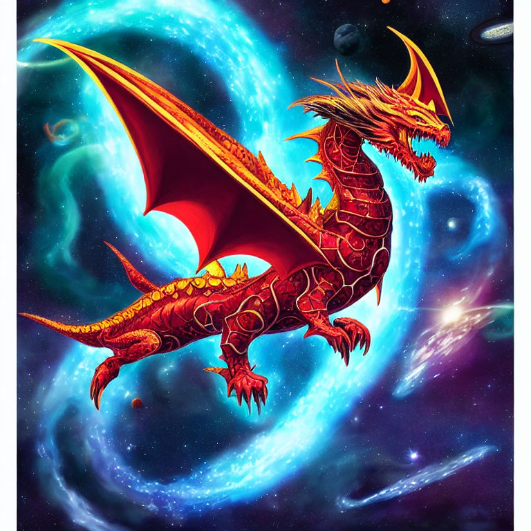 Red dragon with golden horns and wings flying through space among galaxies and celestial bodies