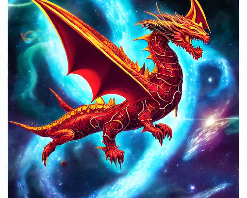 Red dragon with golden horns and wings flying through space among galaxies and celestial bodies