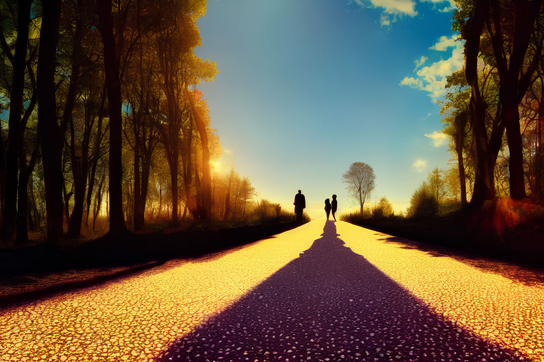 Couple Walking on Vibrant Sunlit Path with Long Shadows