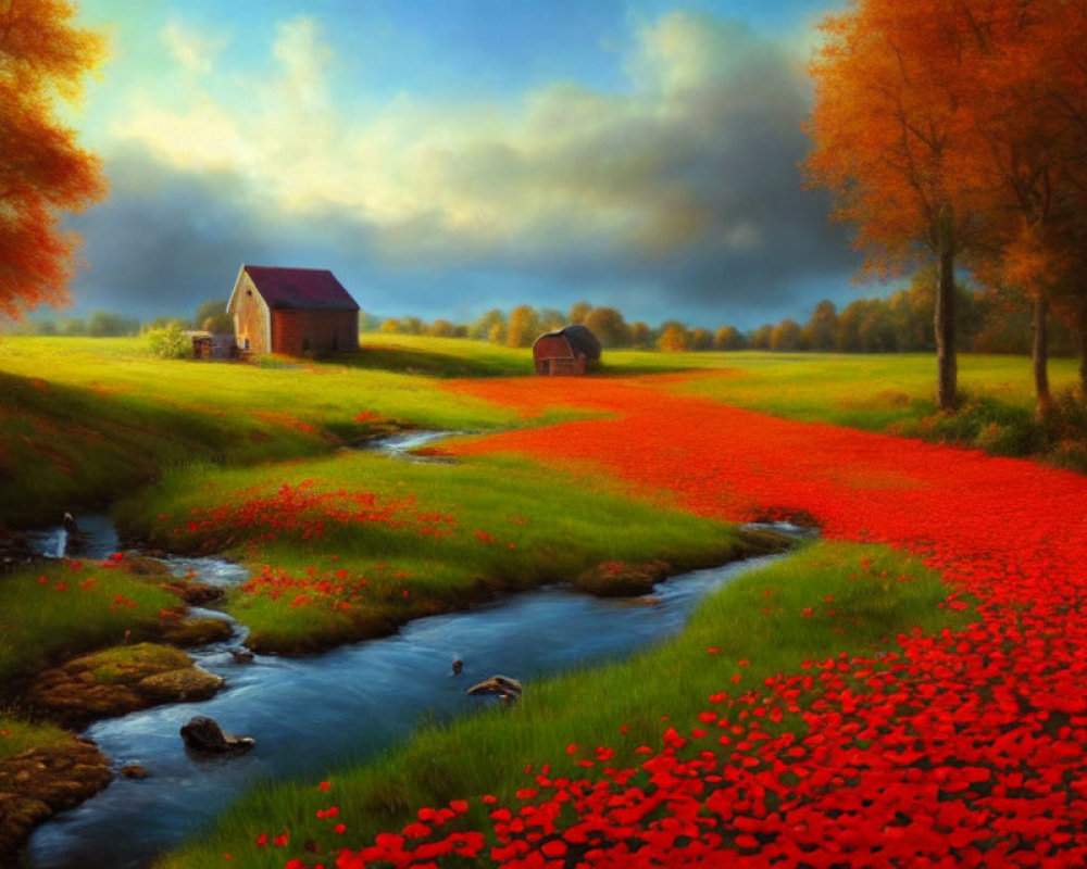 Colorful landscape with red poppy field, stream, barn, trees, and dynamic sky