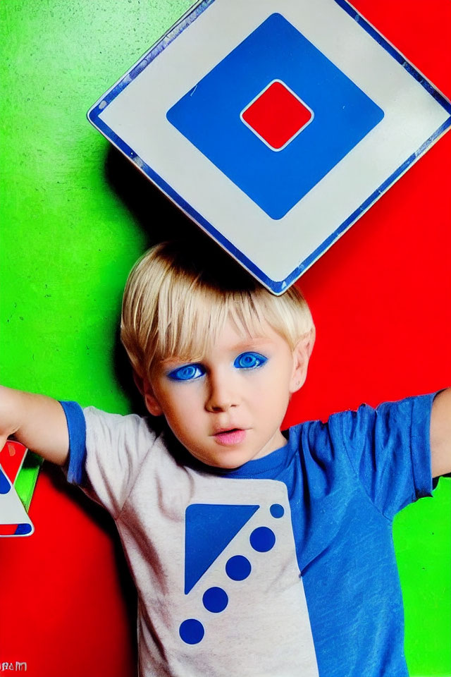 Young Child with Striking Blue Eyes Holding Colorful Geometric Shapes on Vibrant Red and Green Background