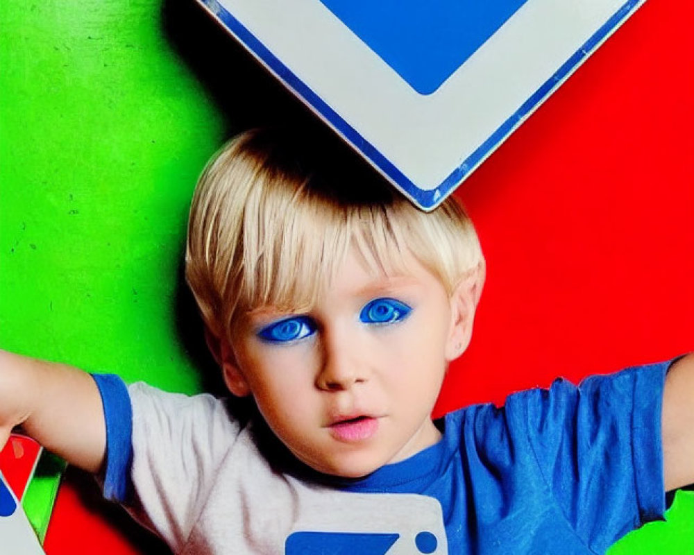 Young Child with Striking Blue Eyes Holding Colorful Geometric Shapes on Vibrant Red and Green Background