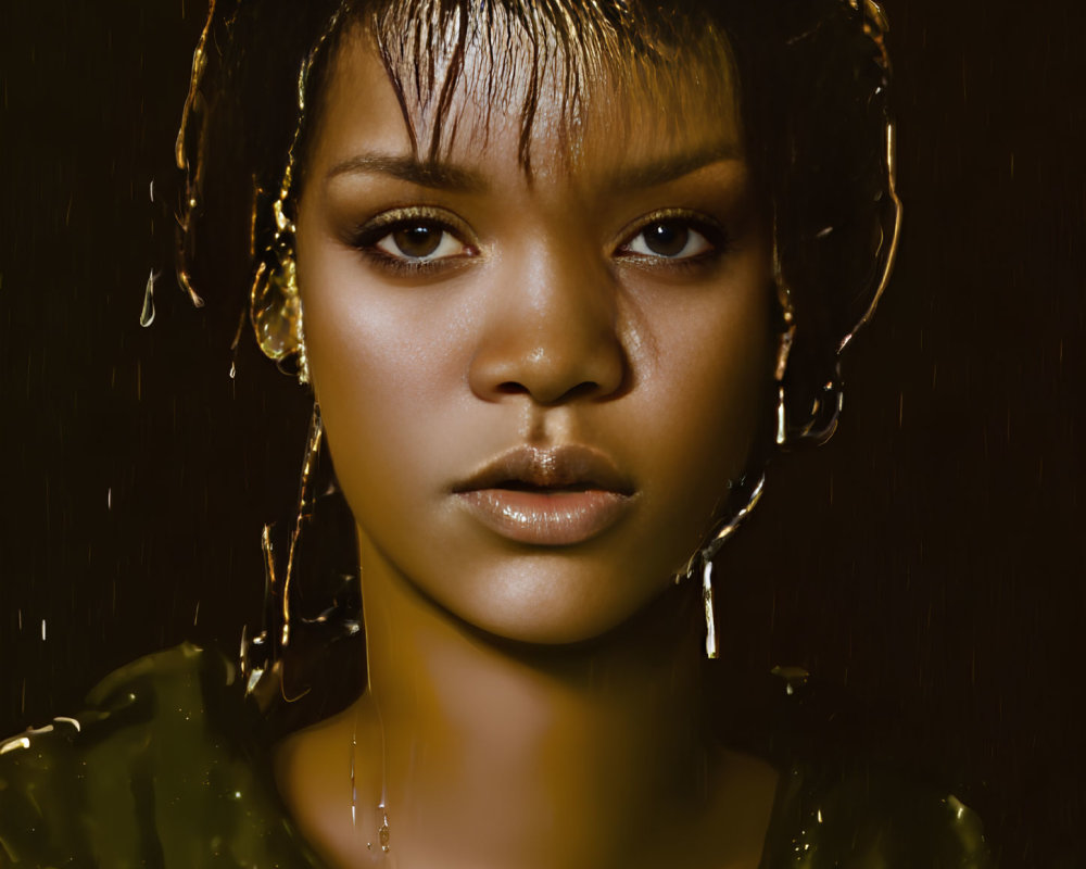 Woman with water droplets on face and hair on dark background