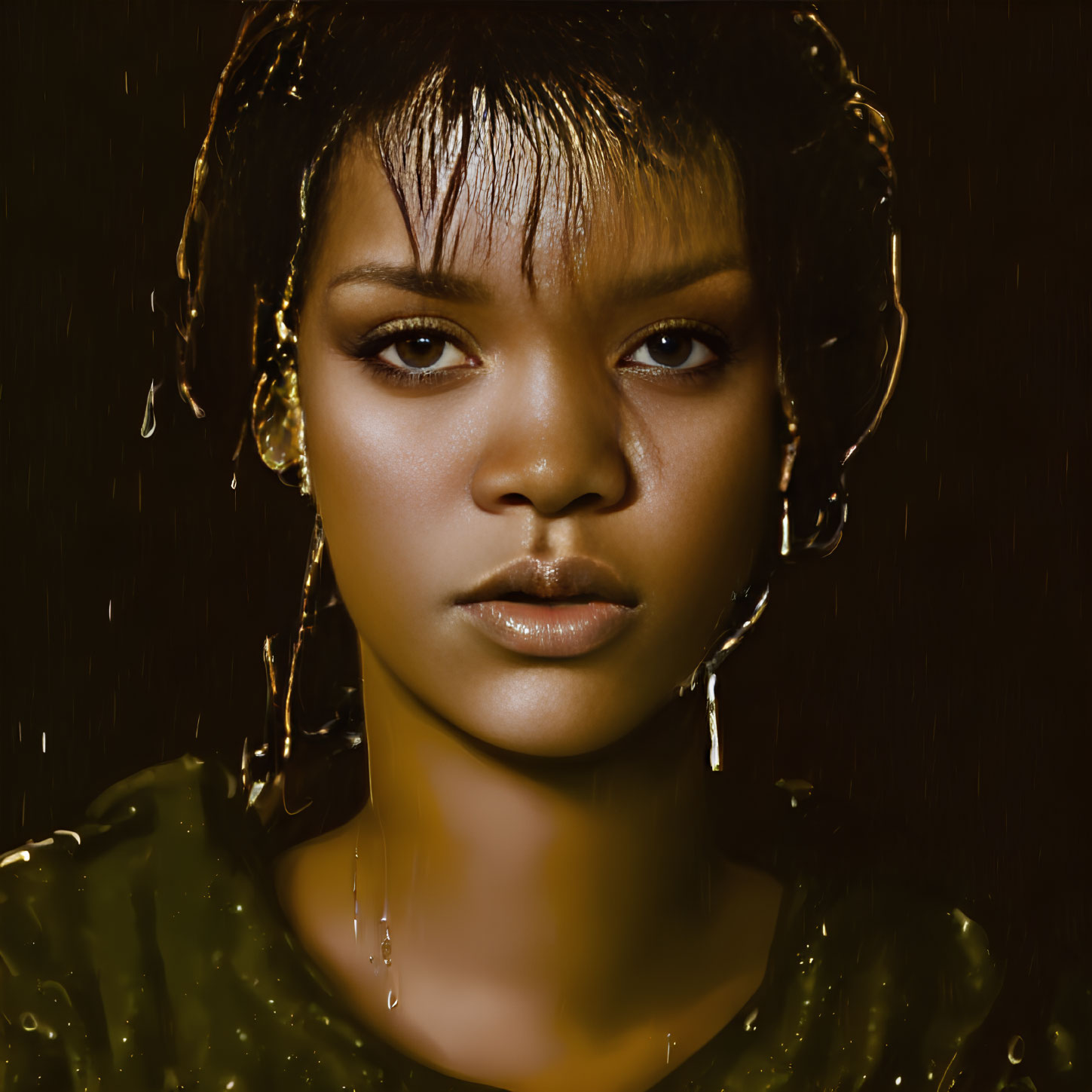 Woman with water droplets on face and hair on dark background