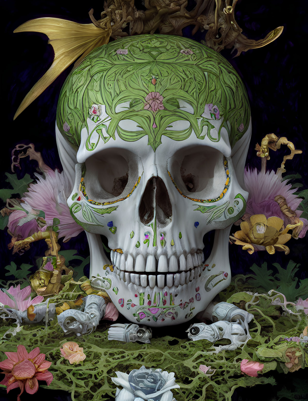 Intricate Green Floral Skull Surrounded by Flowers and Fish