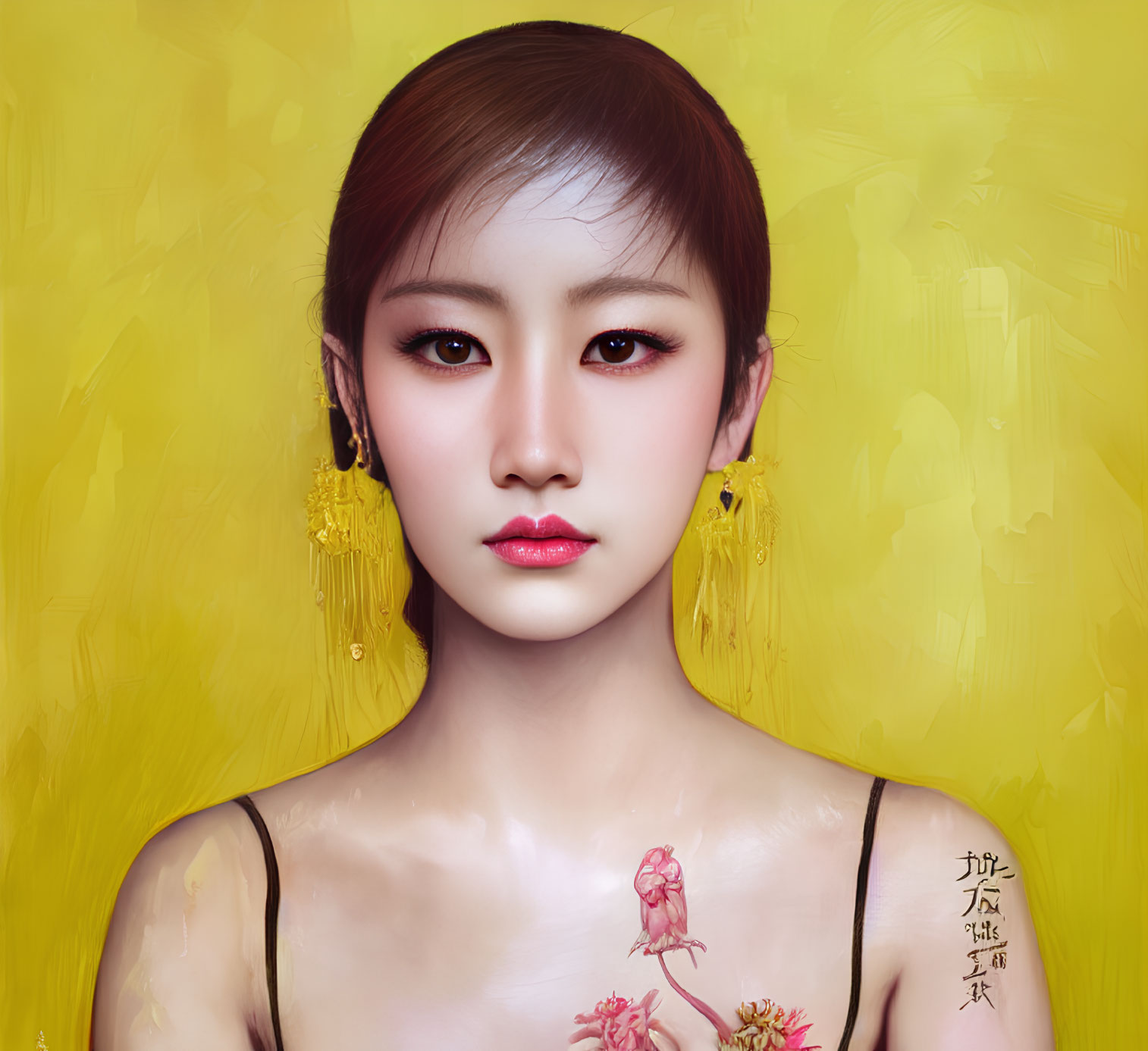 Digital portrait: Woman with red makeup, yellow tassel earrings, and cherry blossom tattoo on shoulder against