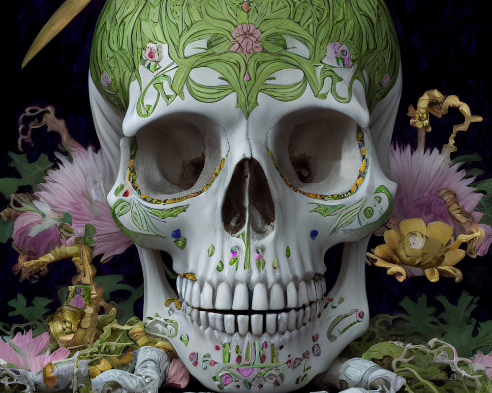 Intricate Green Floral Skull Surrounded by Flowers and Fish