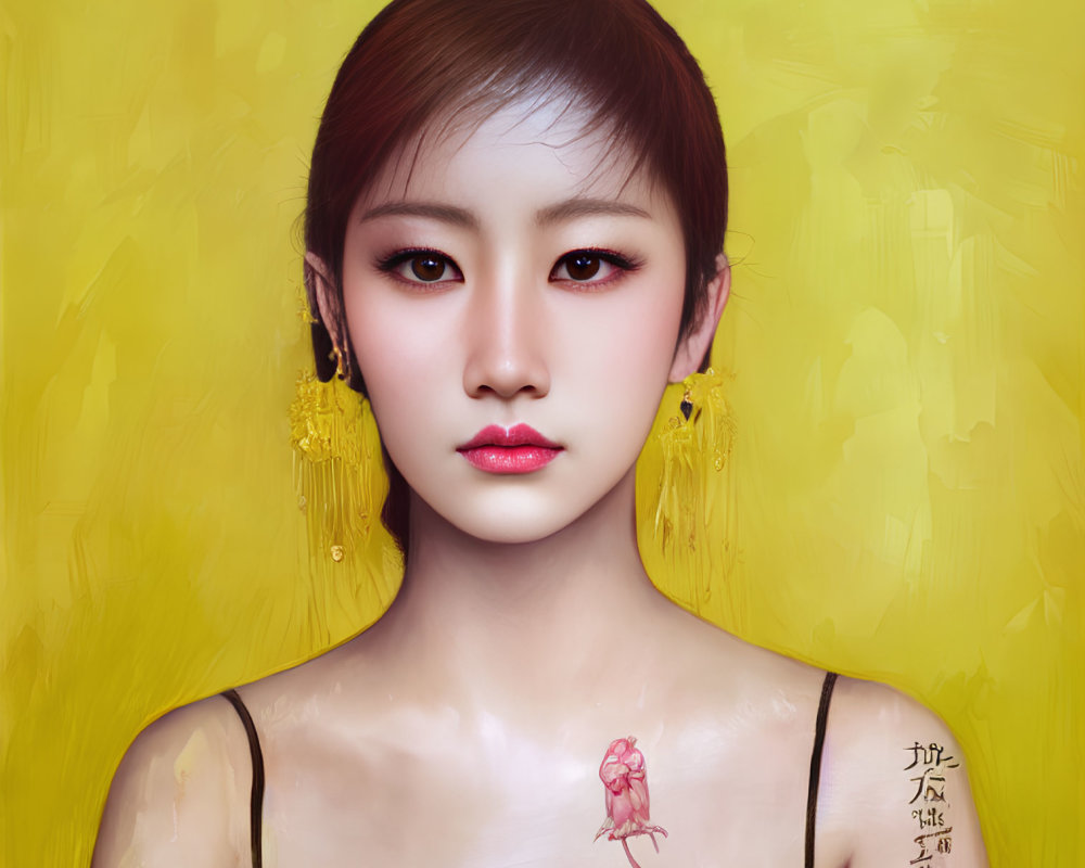 Digital portrait: Woman with red makeup, yellow tassel earrings, and cherry blossom tattoo on shoulder against