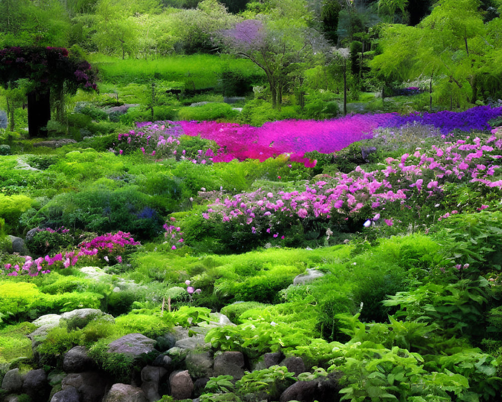 Vibrant Pink, Purple, and Green Garden with Rocks and Trees