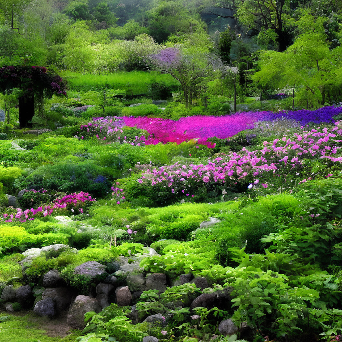 Vibrant Pink, Purple, and Green Garden with Rocks and Trees