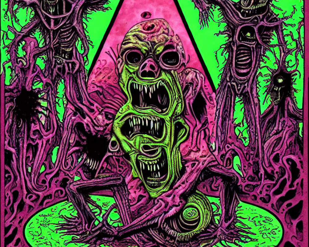 Colorful illustration of grotesque creature with skeletal figures on neon backdrop