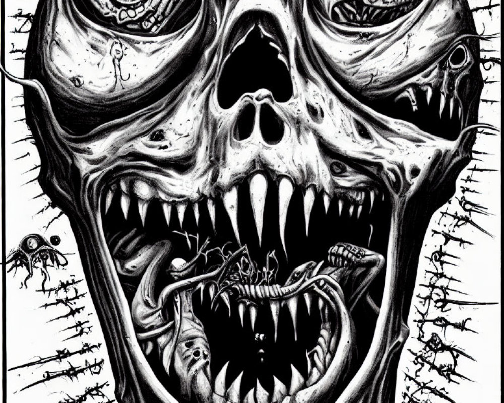 Detailed Black and White Skull Illustration with Multiple Faces and Creatures