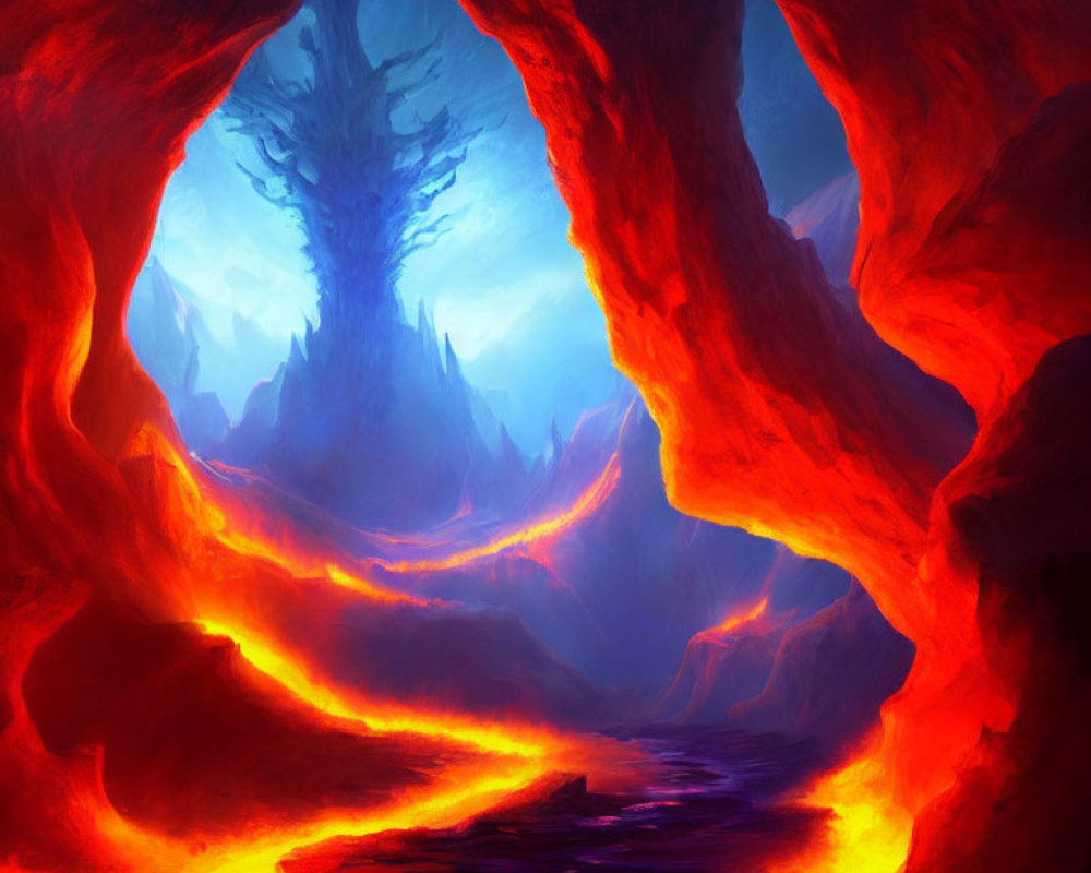 Fantasy cavern with luminescent lava and mystical tree under celestial sky