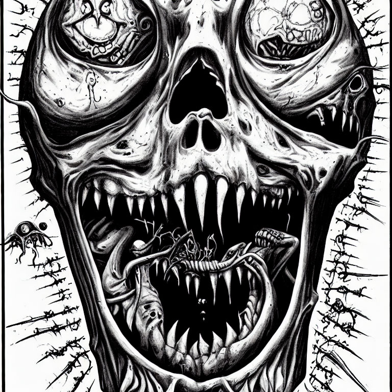 Detailed Black and White Skull Illustration with Multiple Faces and Creatures