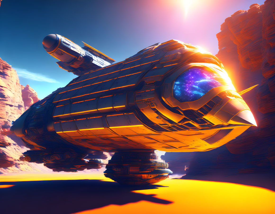 Futuristic spaceship with celestial pattern on alien planet desert.