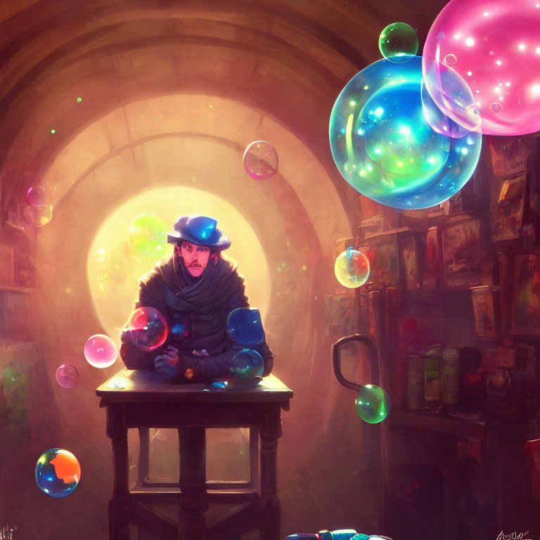 Person in Blue Hat Surrounded by Iridescent Bubbles at Wooden Desk