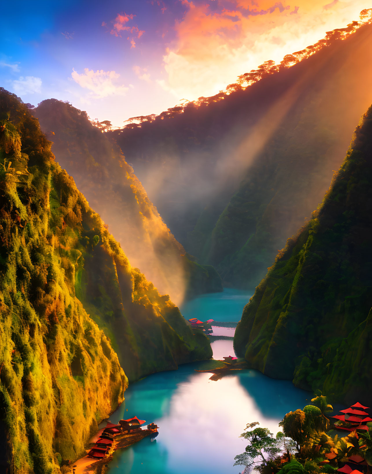 Tranquil turquoise lake with floating houses and green cliffs