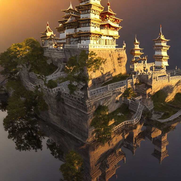 Majestic Asian-inspired palace complex on cliff with sunset reflection