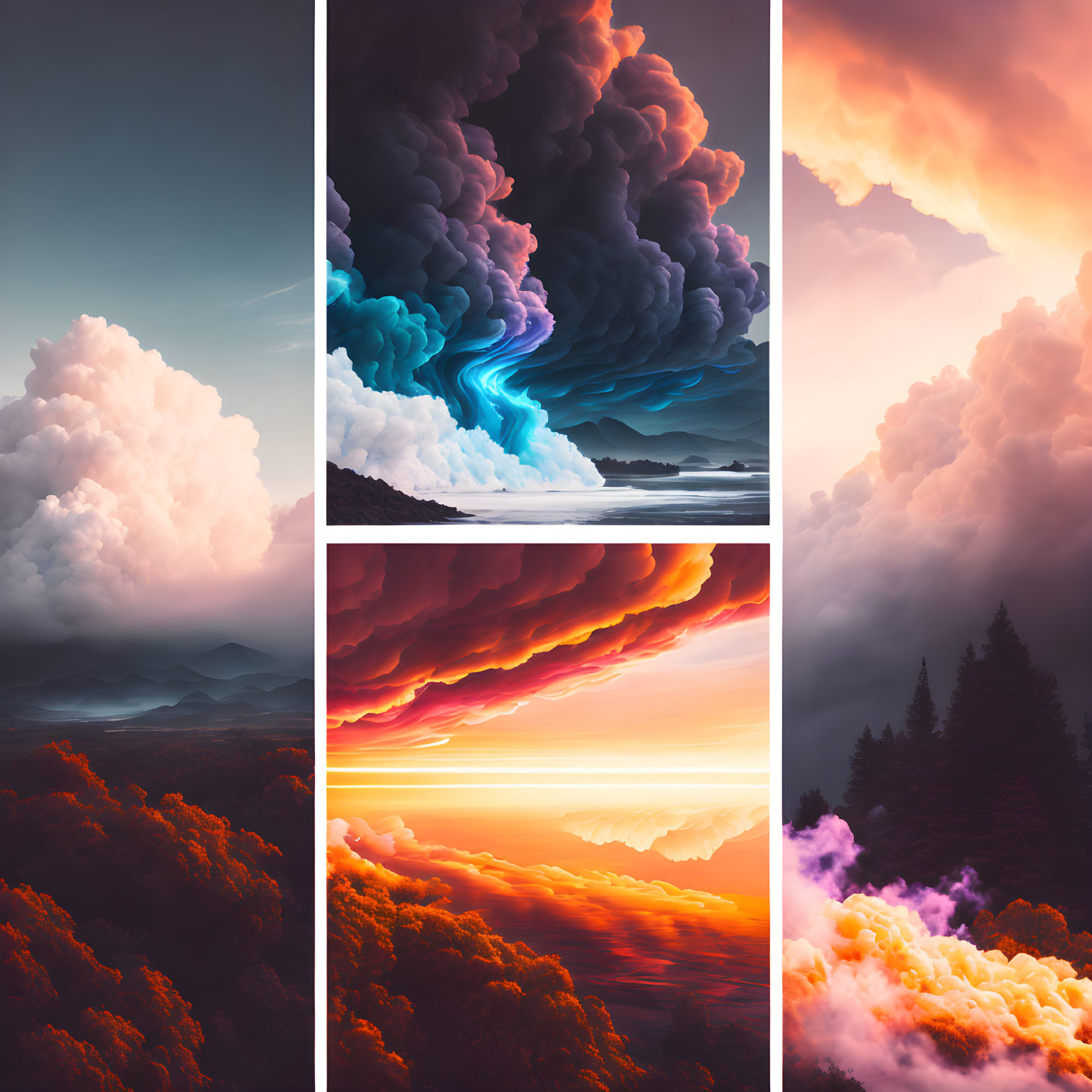 Vibrant surreal landscapes with swirling clouds and dramatic lighting