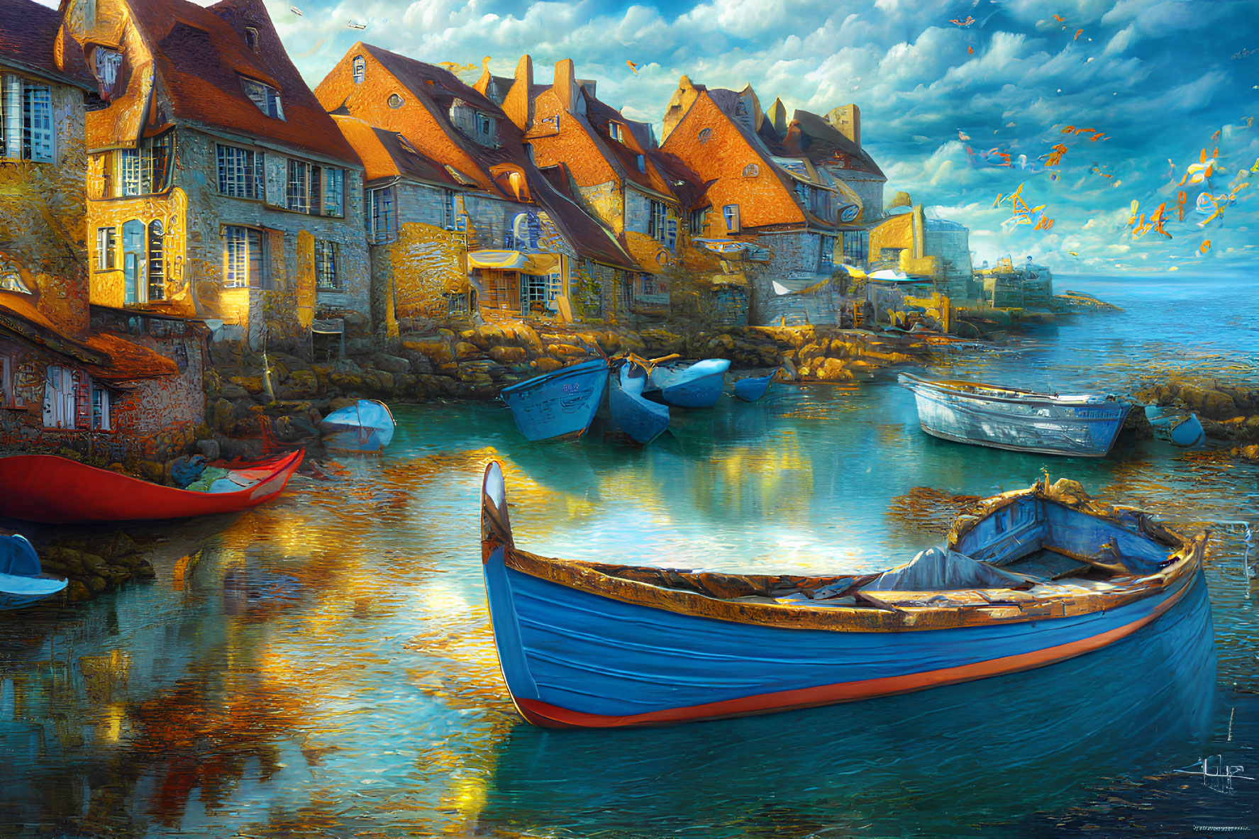 Colorful boats, stone houses, and clear sky in coastal scene