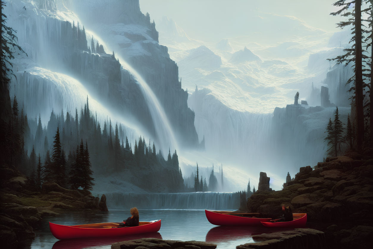 Red Canoes on Calm Lake with Waterfalls and Snowy Mountains