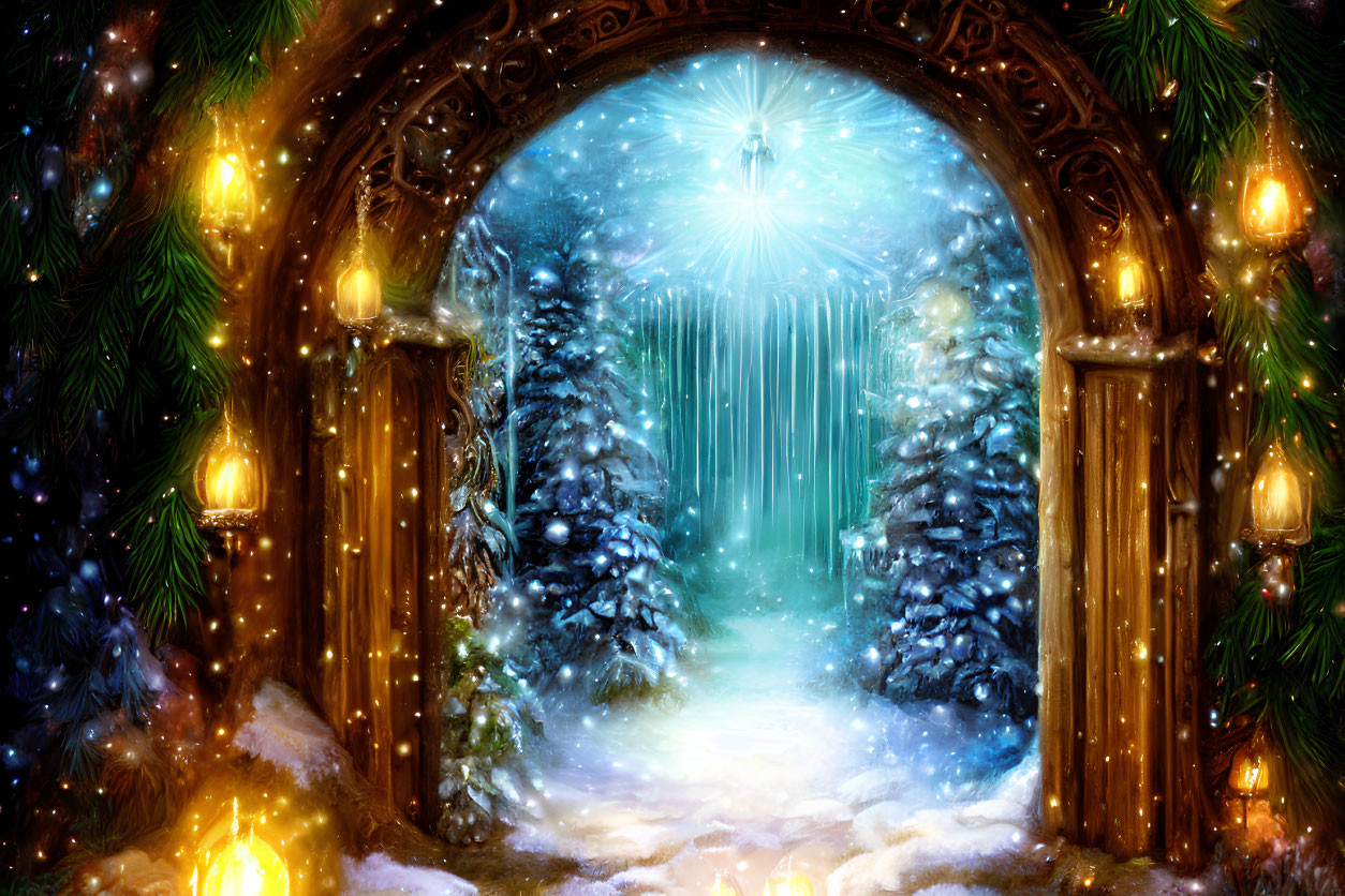 Snow-covered trees and bright star in winter scene through arched gateway