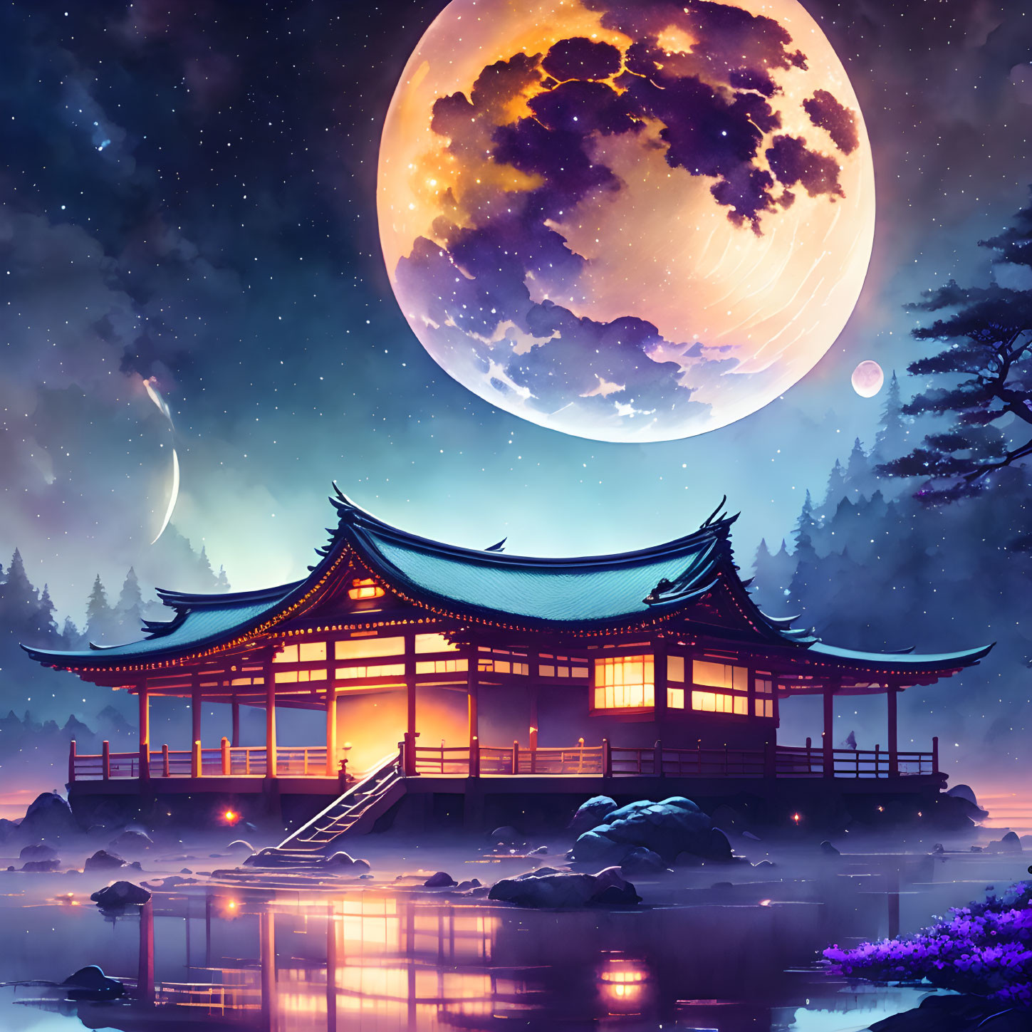 Traditional Asian-style house near serene lake under starry sky with luminous moon