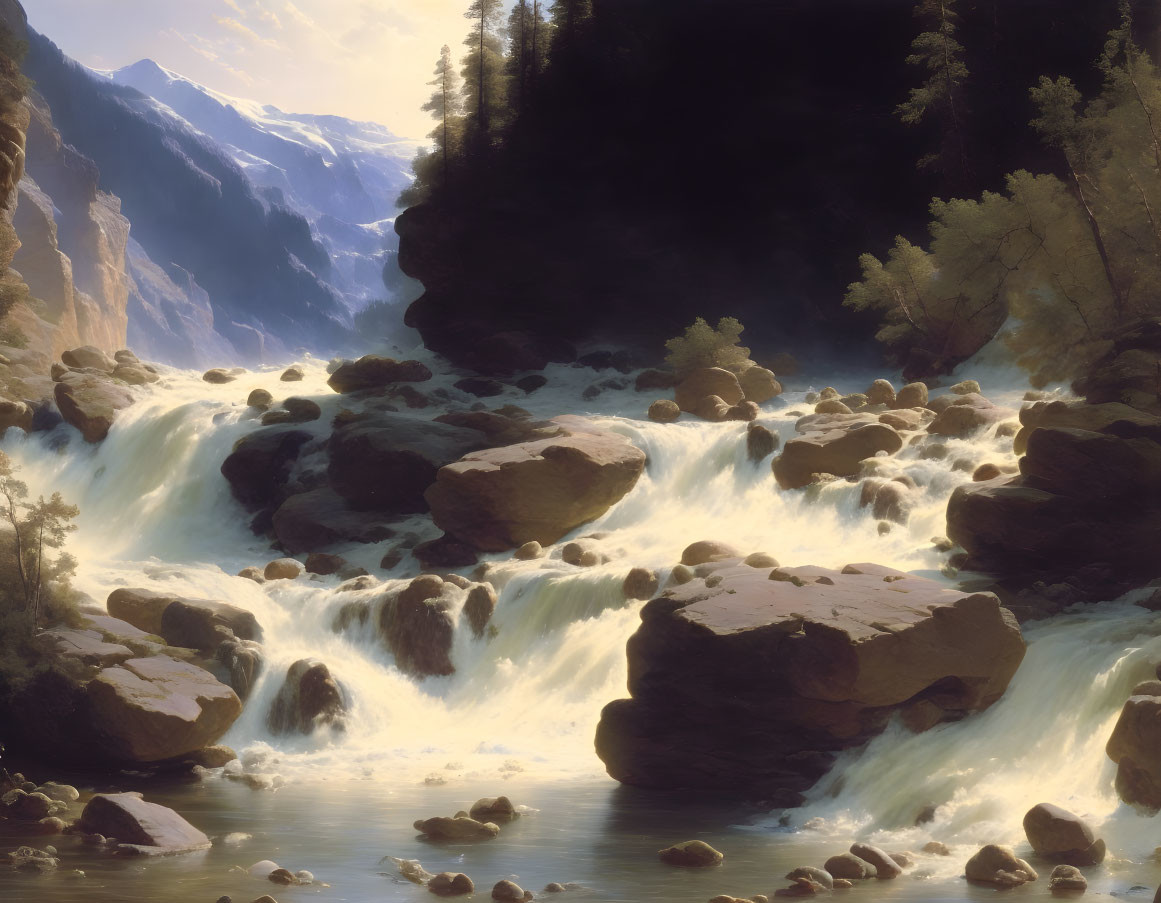 Tranquil Mountain Landscape with Waterfall and Pine Trees