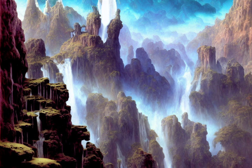 Mystical landscape with towering rock formations and waterfalls