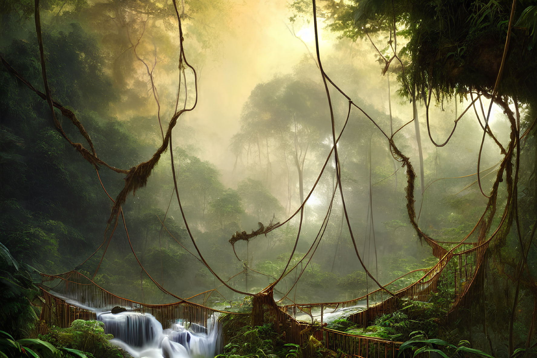 Serene forest scene with mist, sunlight, waterfall, and rope bridge