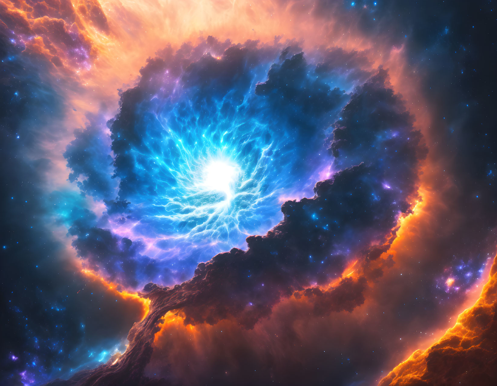 Colorful cosmic scene with glowing blue and white center and fiery orange and purple nebula clouds.