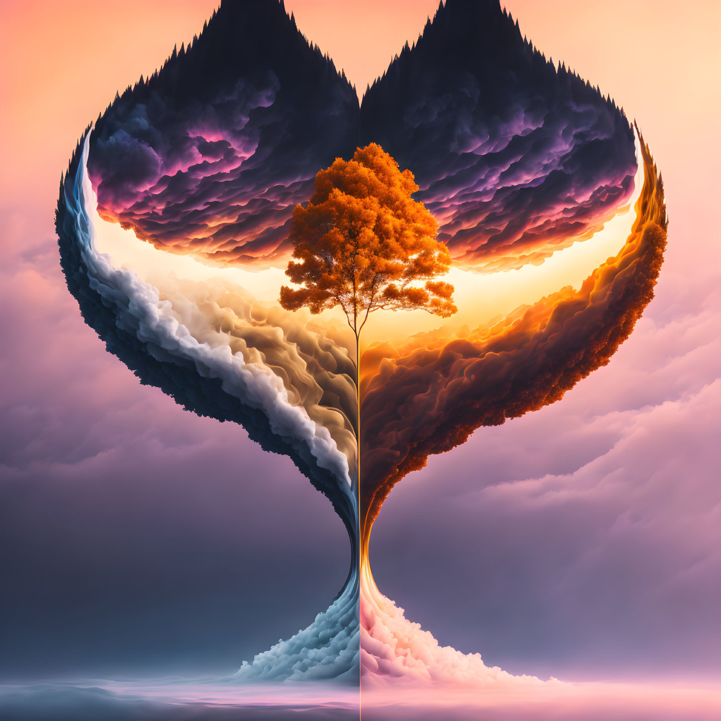 Surreal tree artwork with symmetrical mountain branches at sunset