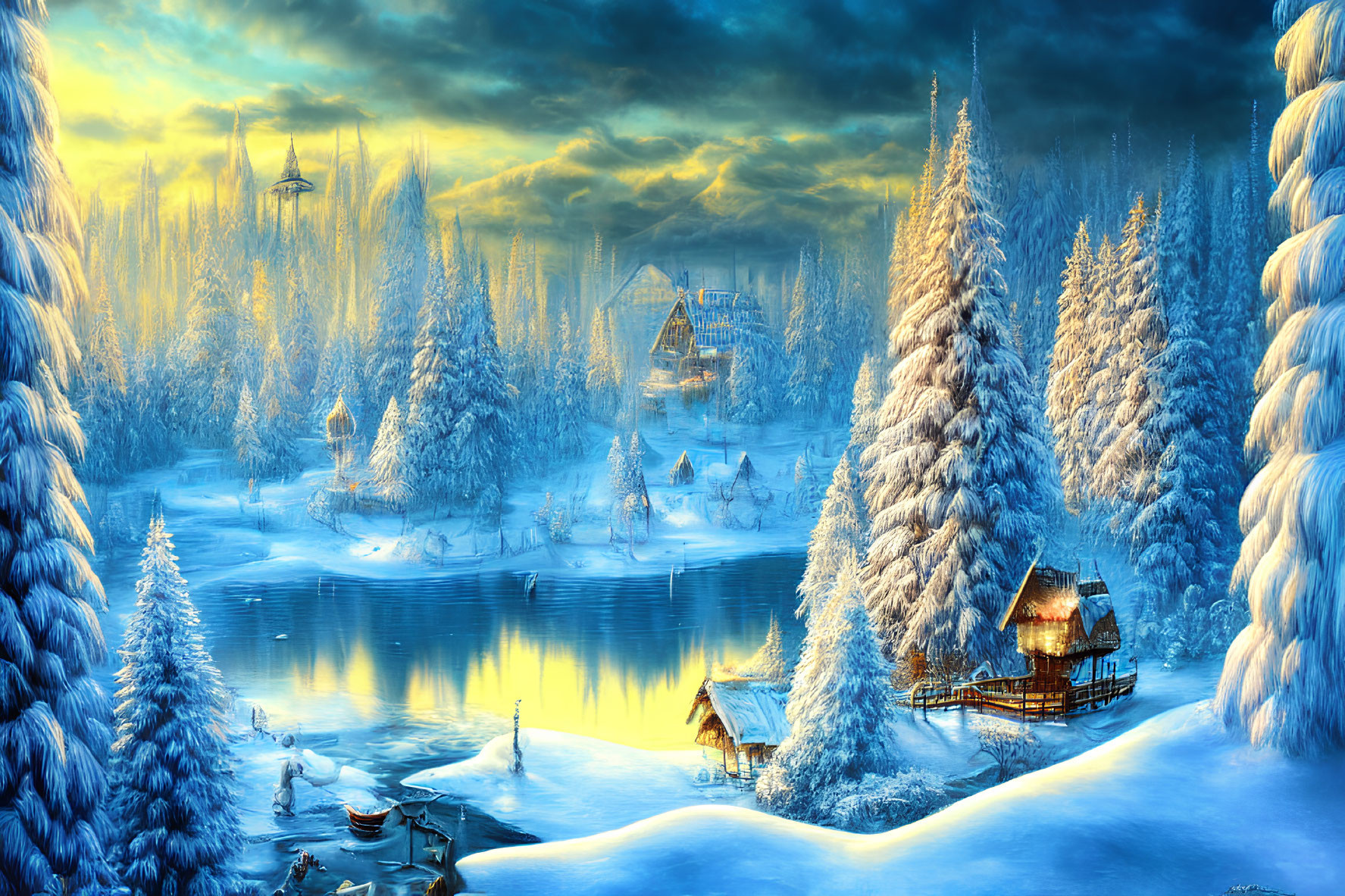 Snow-covered pine trees, frozen lake, cozy cottage - serene winter scene