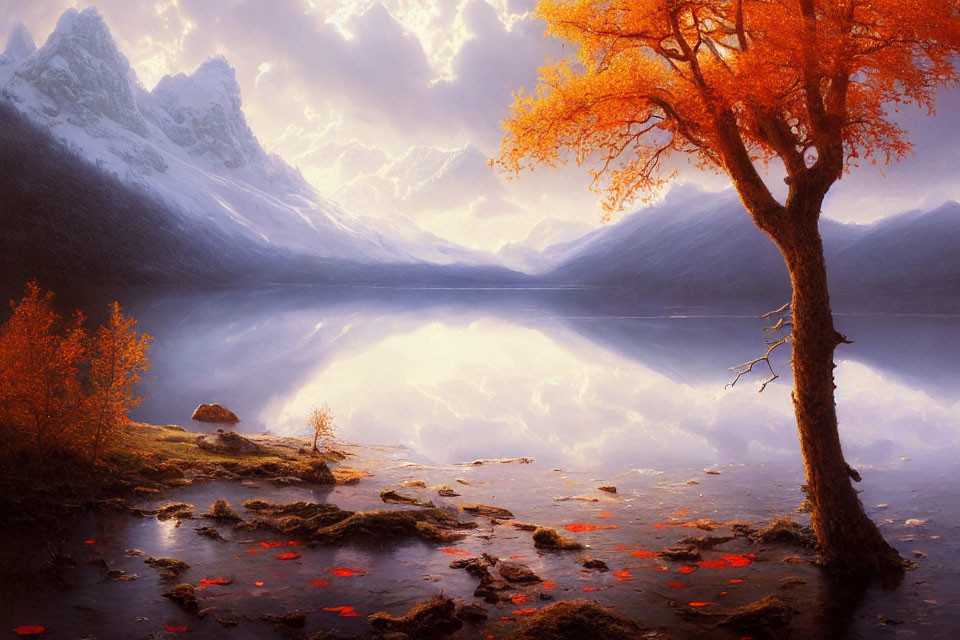 Tranquil autumn scene: orange tree, lake, mountains, glowing sky