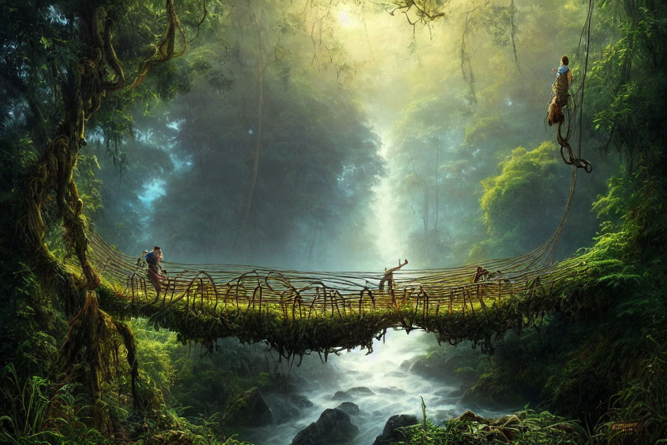 Mystical forest scene with hanging bridge, sunlight, people, and monkey