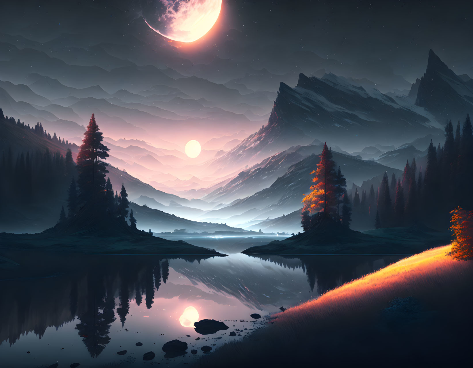 Serene night landscape: crescent moon, mountains, lake, autumn trees