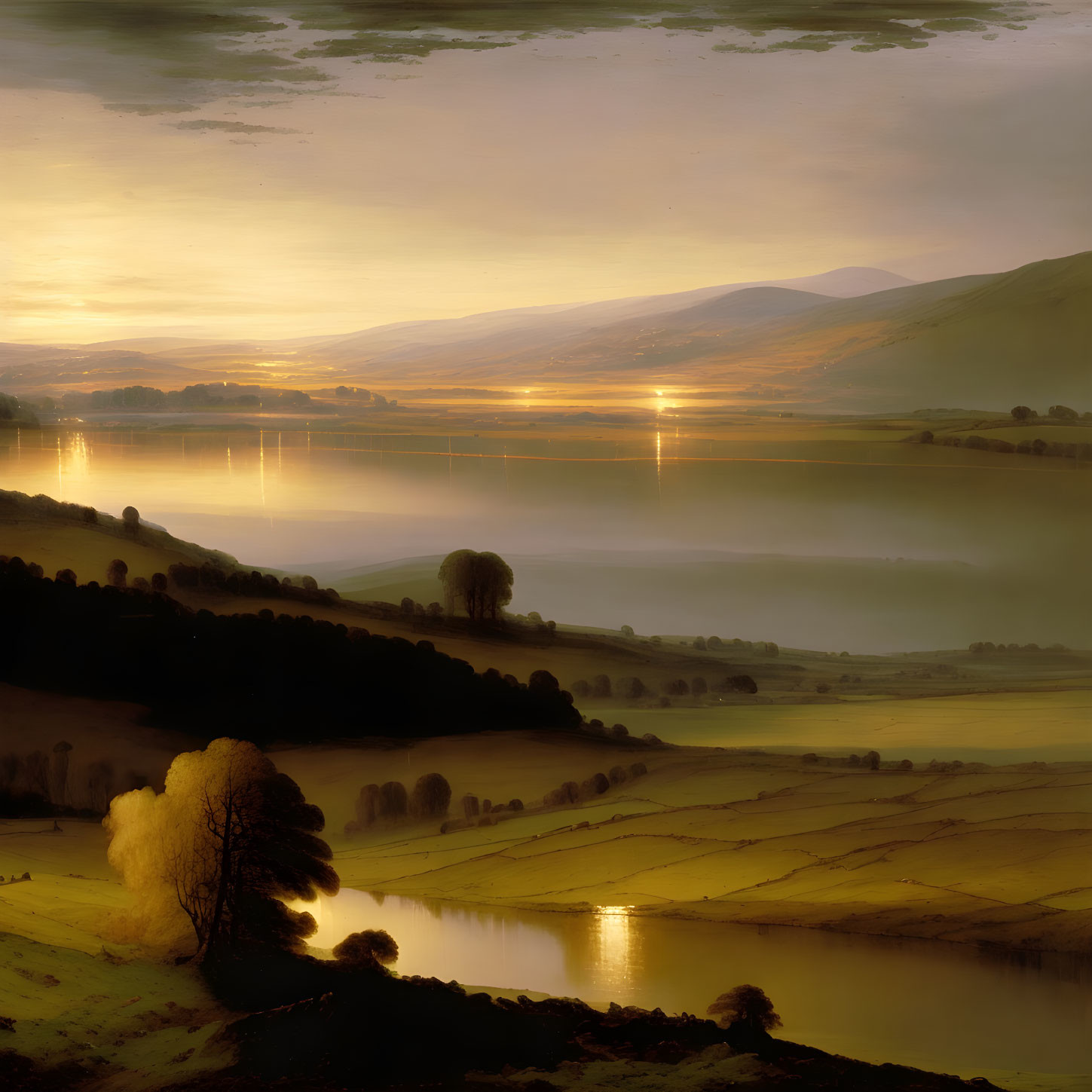 Tranquil Dusk Landscape with Golden Sunlight, River, and Trees