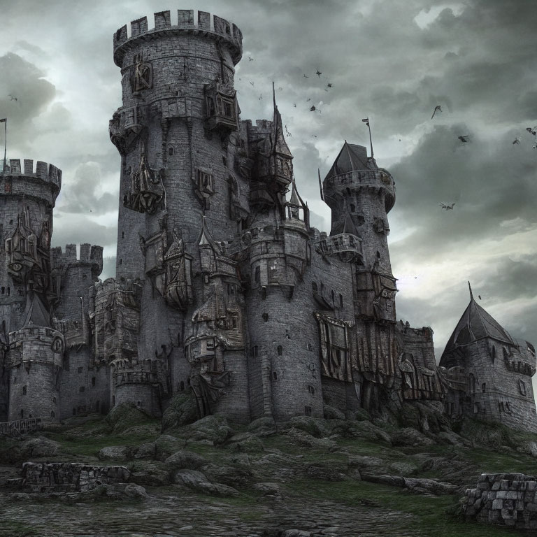 Medieval castle on rugged terrain under dark clouds and circling crows