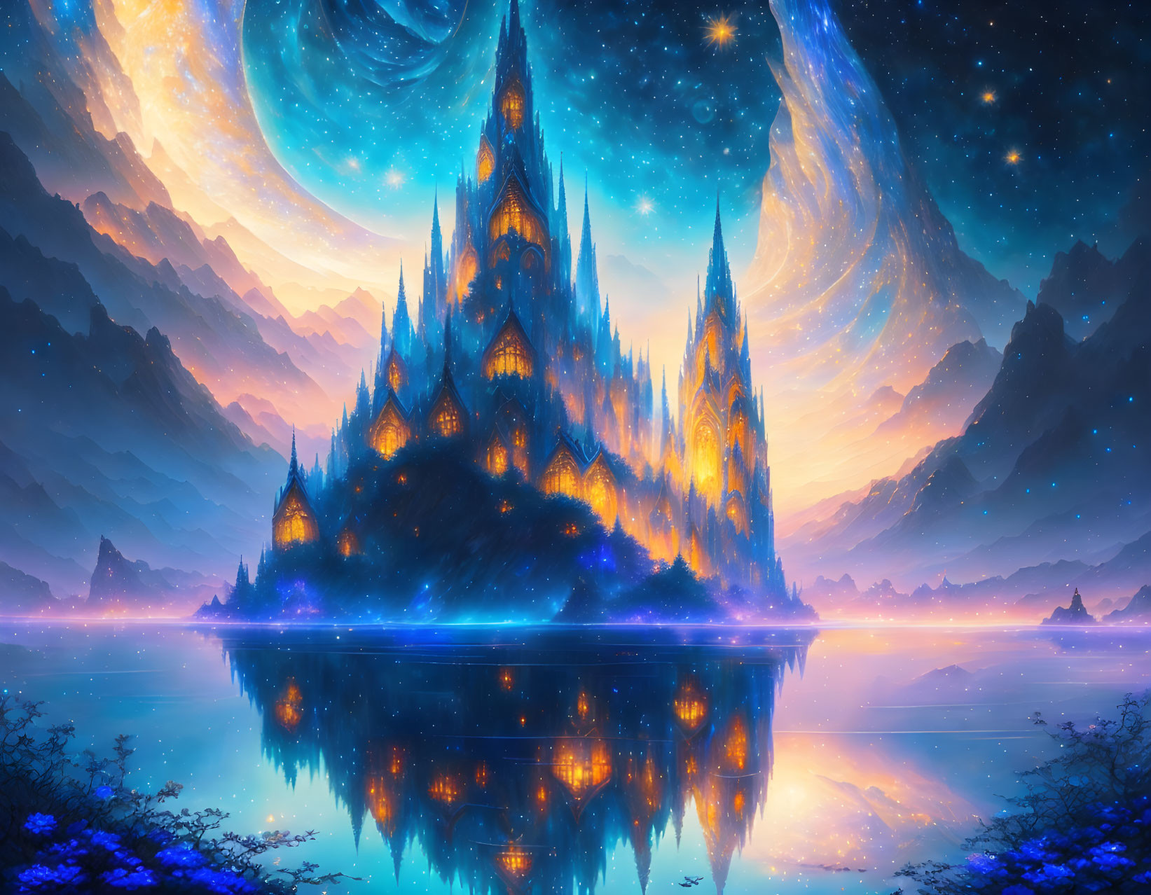 Fantastical digital art of glowing castle on island under starry sky